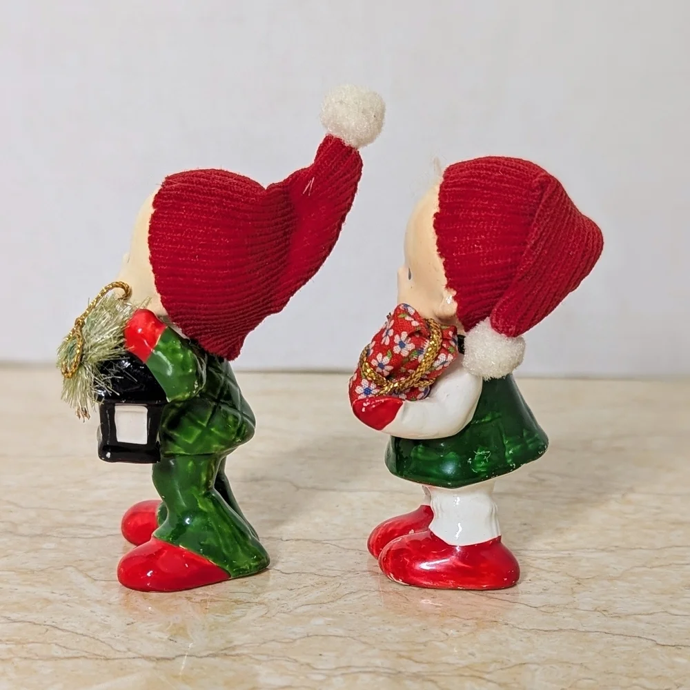 Vintage Napcoware Pair Christmas Elf Carolers 50's Ceramic Figurines Japan